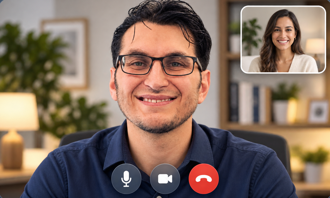 Ray Corbo, LMFT, on a video therapy session from his home office, with the other participant in a small inset window.